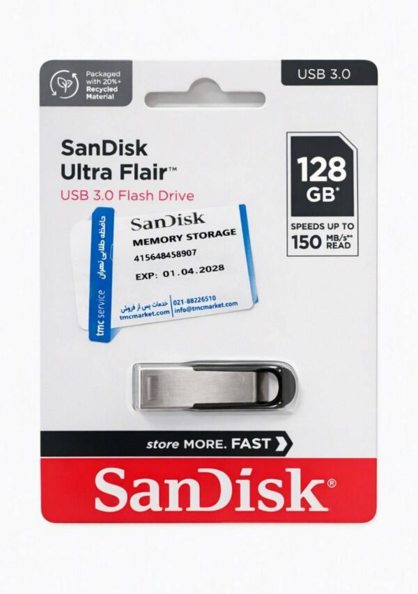 نمای نزدیک از فلش مموری SanDisk Ultra Flair CZ73 با بدنه فلزی براق